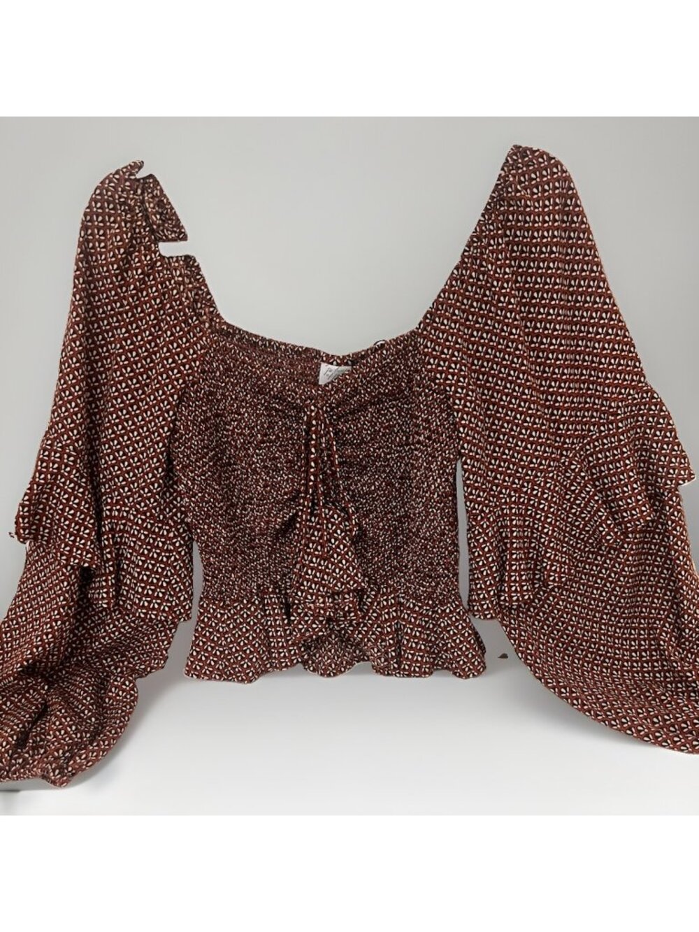 Brown Smocked Babydoll Crop Top Size M Floral Peasant Boho Milkmaid Cottage Core